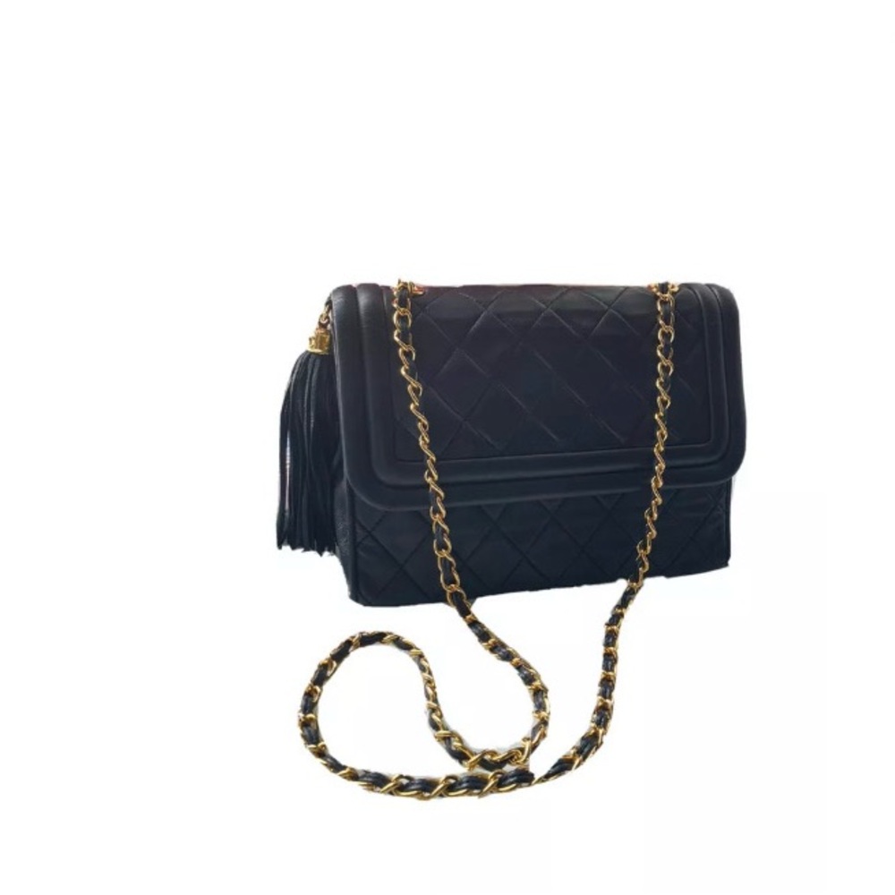 Authentic CHANEL Vintage Navy Lambskin Leather Matelassé Fringe Handbag - AS IS